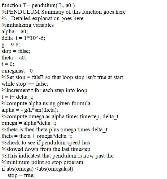 function T- pendulum(L, a0) %PENDULUM Summary of this function goes here % Detailed explanation goes here %initializing varia