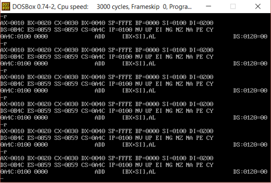 DOSBox 0.74-2, cpu speed: 3000 cycles, Frameskip 0, Progra AX-0010 BX-0020 CX-0030 DX-0040 SP=FFFE BP=0000 SI-0100 DI-0200 DS