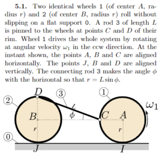 5.1. Two identical wheels 1 (of center A, ra- dius r) and 2 (of center B, radius r) roll without slipping on a flat support 0