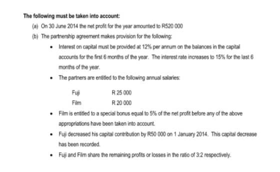The following must be taken into account: (a) On 30 June 2014 the net profit for the year amounted to R520 000 (b) The partne