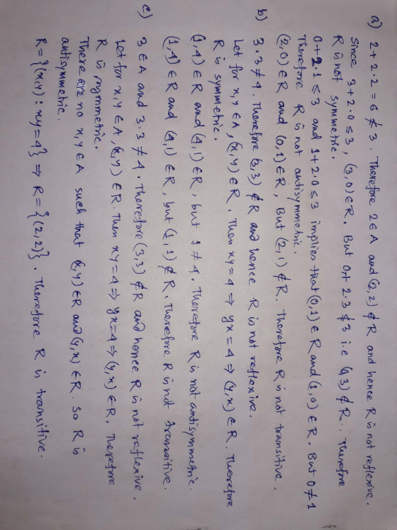 Since +203 not refte xive. b) 3.3メ9 . Thorelore 6,3) f R and hence R There ere no xYeA su reture R transitive