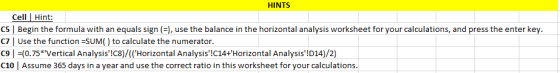 HINTS Cell Hint: C5 | Begin the formula with an C7 Use the function SUM) to calculate the numerator. c9 (0.75*Vertical Analys
