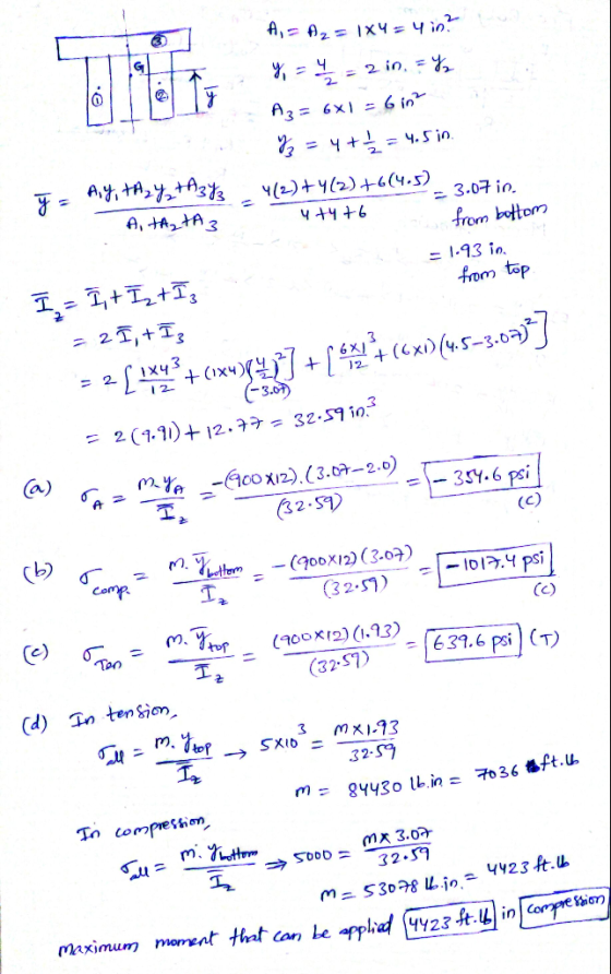 3.0구 in from bottom = 1.93 in. from top 12-- l 2- = 2(1.1) + 12.77, 32.57 in 3SY.6 psi 62.51 Cb) =l-lol7.Y psi (32-57 ) (e)