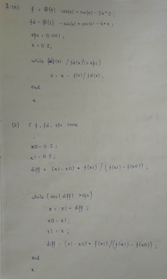 2 (a)@Gt) caste)sn()22 fd @(t) _ sinfx) + cos (x)-4.xx ; eps 0,001 ; x -0.2, while f /s(a) ehs) end (b) % f, fd, ets saw, whi