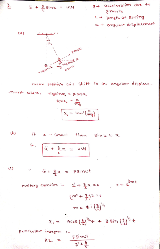 3 Ex + sina acceleratiom due to 8rovity L length of String Omgular displatement FCosac tSina mssinx meam position it Shift to