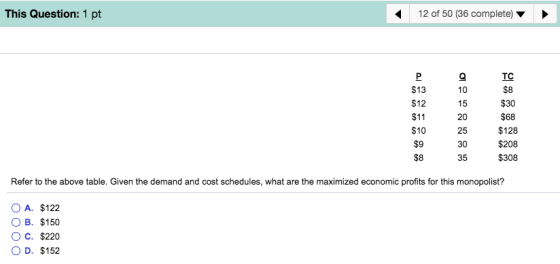 This Question: 1 pt 12 of 50 (36 complete) ▼ TC $8 $30 $68 $128 $208 $308 $13 $12 $11 $10 $9 $8 10 15 20 25 30 35 Refer to th