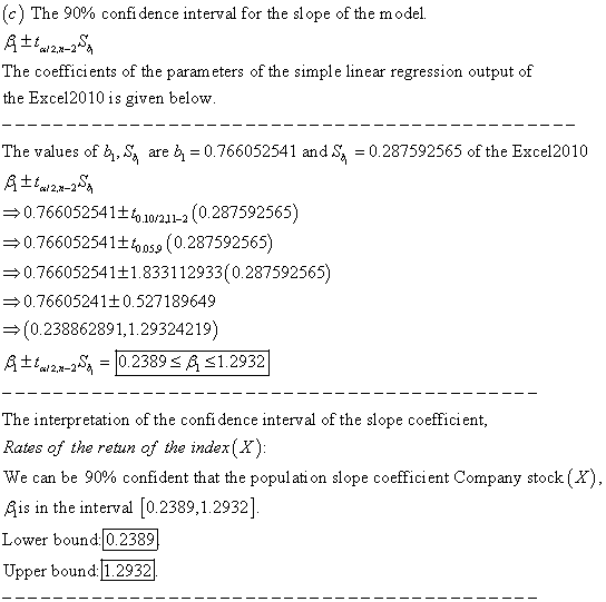The 90% confidence interval for the slope of the model. al2,-2 The coefficients of the param eters of the simple linear regre