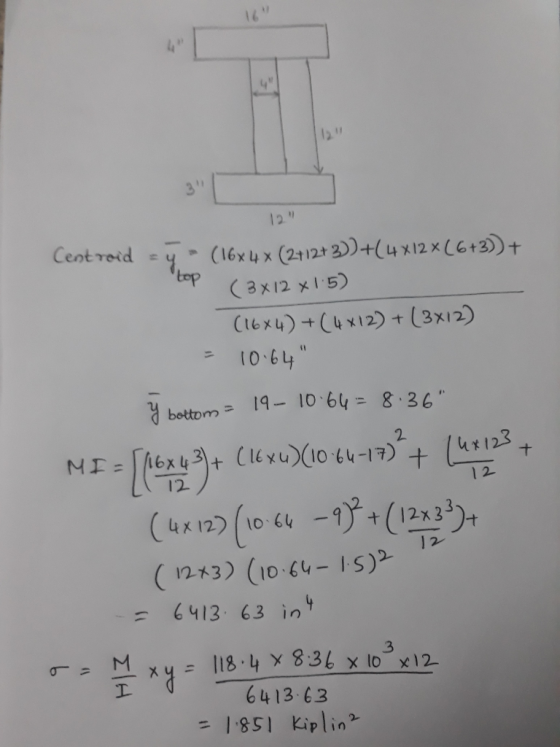 14 3 Centroid= (16x4x (2+12+ 2))+(4x12 x (6+2) + (3X12 x15) C1bx4)+C4X12)+ (3x12) 1 10.64 19-10-64- 8 36 bottom 2 l6x 4 + +