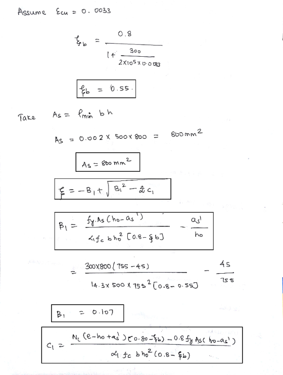 Assume Ecu = 0. 0033 O.8 300 2X105 0023 0.SS Pmin bh As = Take As =O.oo 2 X 50Ox 8po 2. As = 8bo mm -c ニーB」+ fy.As Cho-as ho