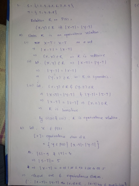 Relation R on Pcs) ㄨㄧㄒ a)claioR is an equivalence vtlaton a seb R is hansih [x1, equivalence elul#x As there ont6 equivalance
