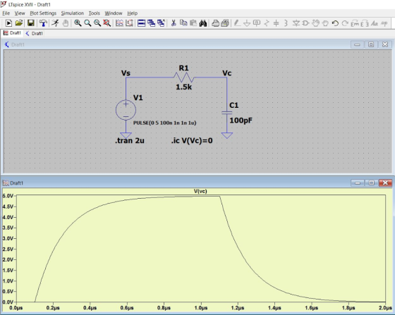 LTspice XVI - Draft1 Eile View Plot Settings Simulation Iools Window Help Draftl Draftl R1 Vc 1.5k V1 C1 100pF PULSE(0 5 100n