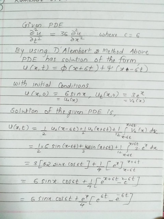 Given 2 아2 By usina DAlemhorh PDE 、 has solution of the for WİHs initial Condmons Salution of the gien PDE is 2 2.
