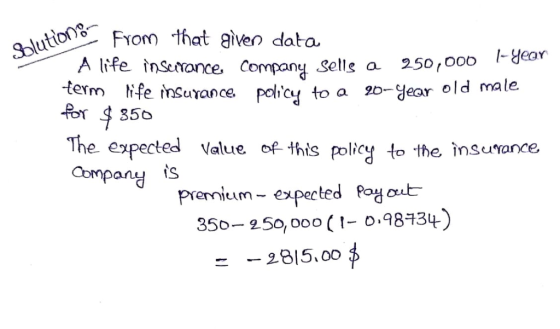 Fom that aiven dato nance Company Selle a 250,o0o -Heor term fe insurance. R 356 pdic닉 to a 20-year old male. The expected Va