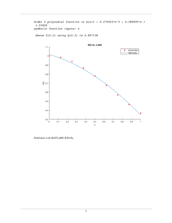Order 2 polynomial function is Q(x)= - 0.379203 *x*2 - 0.289905 *x 1.01824 symbolic function inpu ts: x Hence f(0.3) using Q(