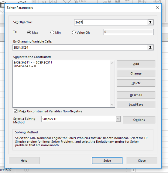 Clear Solver Parameters to Set Objective To: ⓔMax OMin。Value Of: By Changing Variable Cells: SAS7 Subject to the Constraints: