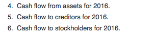 4. Cash flow from assets for 2016. 5. Cash flow to creditors for 2016. 6. Cash flow to stockholders for 2016.