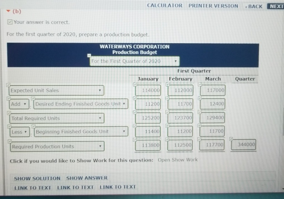 CALCULATOR PRINTER VERSION BACK NEXT Your answer is correct For the first quarter of 2020, prepare a production budget WATERW