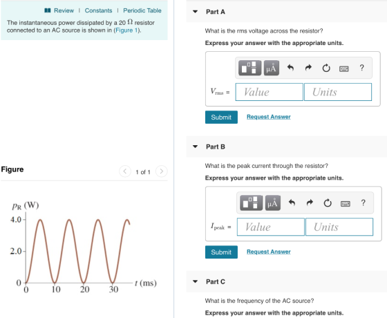 Review| Constants Periodic Table PartA The instantaneous power dissipated by a 20 S2 resistor connected to an AC source is sh