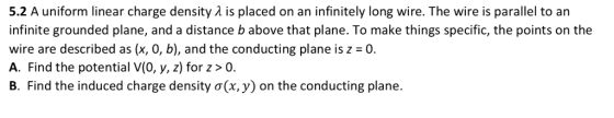 5.2 A uniform linear charge density λ is placed on an infinitely long wire. The wire is parallel to an infinite grounded plan