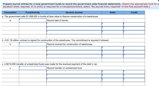 Prepare journal entries for a local government funds to record the government-wide financial statements. (Select the appropri