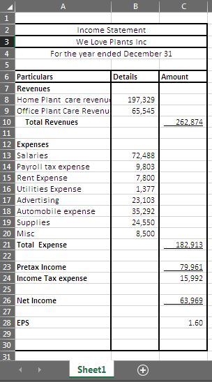 A 1 2 Income Statement We Love Plants Inc 4 For the year ended December 31 5 6 Particulars Details Amount 7 Revenues 8 Home P