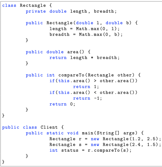 class Rectangle { private double length, breadth; public Rectangle(double 1, double b) { Math.max (0, 1); (0, ь); length = Ma