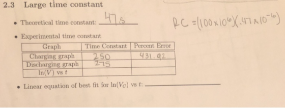2.3 Large time constant Le- pc:1100x10%47K(0-o) Theoretical time constant: . Experimental time constant [ Graph 1 Charging g