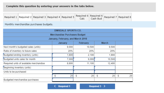 Complete this question by entering your answers in the tabs below Required 6Required 6 Calc Cash BudRequired 7 Required 8 Req