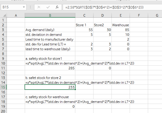 f2.58 SQRT(SD$7* (D$4 2)+($D$3 2) ($D$6A2)) B15 Store 1 Stoe2 Warehouse 85 10 30 Avg. demand (daily) std. deviation in demand