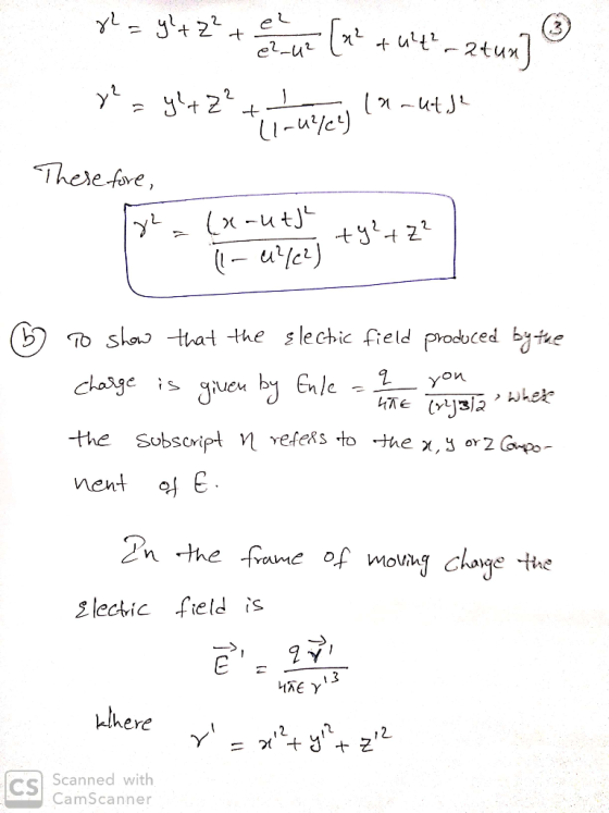 e2-u utJ Therefore (x-ut uc To show that the slechic field produced bytue yon charge Juen by Enle the Subscript vefers to t