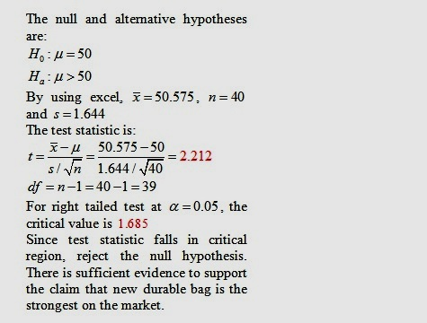 The null and altermative hypotheses are Ha: μ > 50 By using excel, and s 1.644 The test statistic is 50.575, n 40 t_x_μ 50.57
