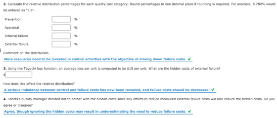 2. Calculate the relative distribution percentages for each quality cost category. Round percentages to one decimal place if