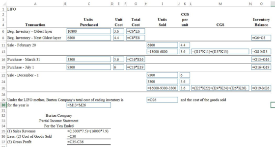JK L A B M C G I N C DE F 1 LIFO CGS 2 Inventory Units Unit Total Untis 3 per Transaction Purchased Cost Cost Sold unit CGS B