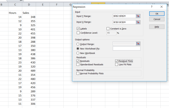 Regression Input Sales Hours OK $D$2:$D$24 $C$2 : $C$24 Constant is Zero Input Y Range: Input X Range: Labels 14 12 9 10 348