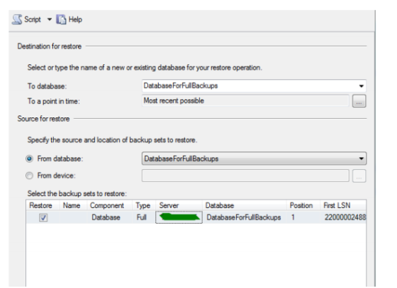 Scipt Help Destination for restore Select or type the name of a new or existing database for your restore operation. To datab
