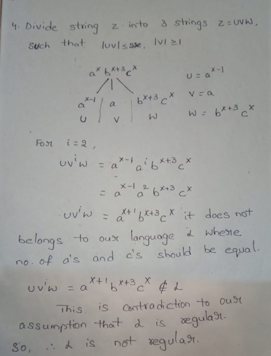 1 Divide string zinto 3 strings zUVA) such that luv x-1 こaa x does not be longs to ouxr language i whete. no of as and es s