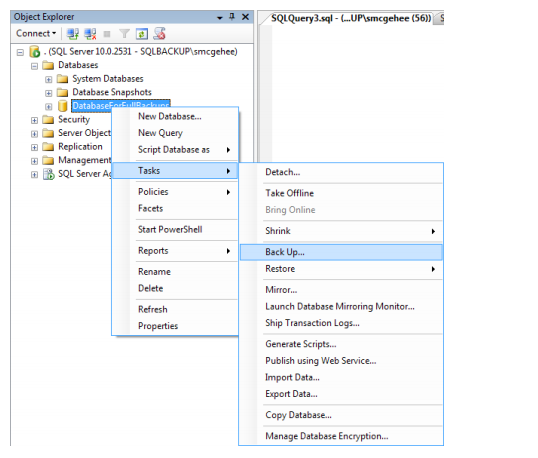 ASQLQuery3.sql-.UPlsmcgehee (56) Connect,髺製·TES .(SQL Server 10.0.2531 SQLBACKUPismcgehee) System Databases Database Snapshot