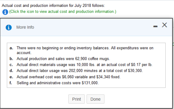 Actual cost and production information for July 2018 follows (Click the icon to view actual cost and production information.)