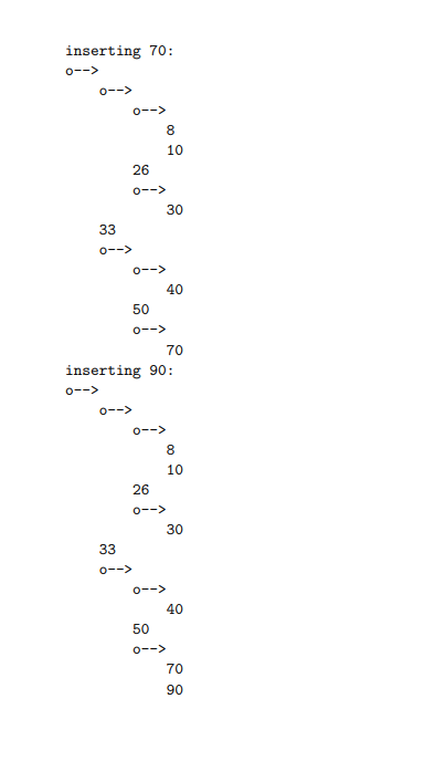 inserting 70 8 10 26 30 40 50 70 inserting 90 8 10 26 30 40 50 70 90
