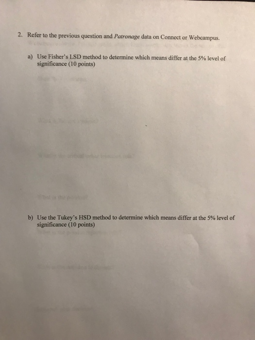 2. Refer to the previous question and Patronage data on Connect or Webcampus. Use Fishers LSD method to determine which mean