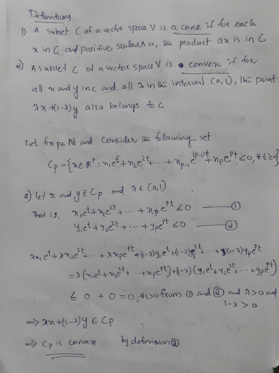tox sc b ) A subset C of a vechs spmto V is a cone intcsval Co, u, thi poiuf all mad inc and all a in also le tonqs to C 2n-