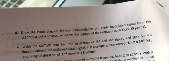 d. Draw the block diagram for the demodulation of angle modulated signal from the theoretical point of view, and show the sig