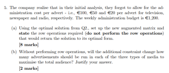 5. The company realise that in their initial analysis, they forgot to allow for the ad ministration cost per advert- i.e,100,