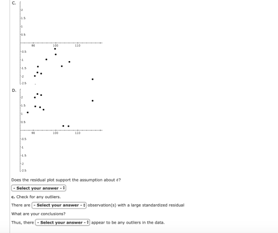 C. 1.5 0.5 90 100 110 1.5 2.5 1.5 0.5 90 100 110 1.5 2.5 Does the residual plot support the assumption about E? -Select your