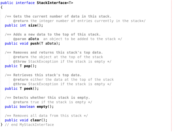 public interface StackInterface T> /Gets the current number of data in this stack @return the integer number of entries curre