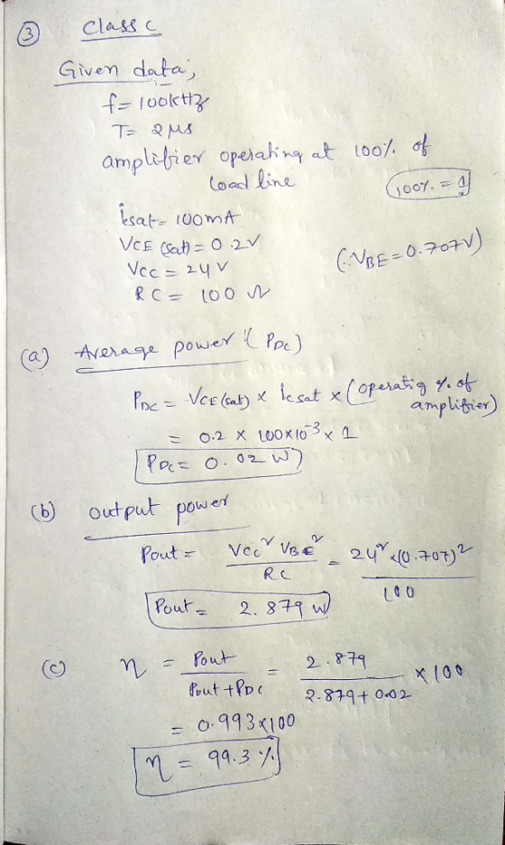 Class c Given data oacl tine amplBier (b) output power L0 O (c) γ) for 2-279 e Pout = o. 9 9 3 100 L = 94.3 %