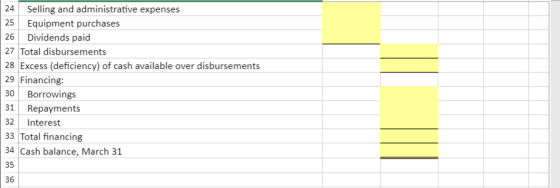 24 Selling and administrative expenses 25 Equipment purchases 26 Dividends paid 27 Total disbursements 28 Excess (deficiency)