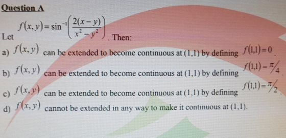 Question A Then Let a)) 0)-0 b be exten 11)-0 t,)can be extended to become continuous at (1,1) by defining ,can be extended t