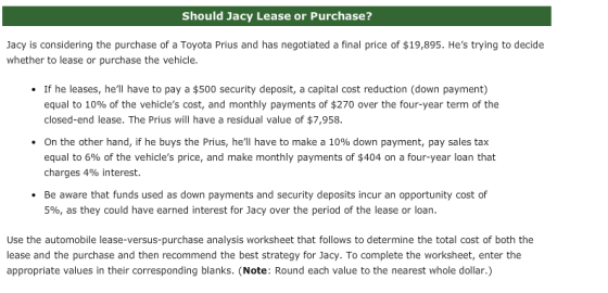 Should Jacy Lease or Purchase? Jacy is considering the purchase of a Toyota Prius and has negotiated a final price of $19,895