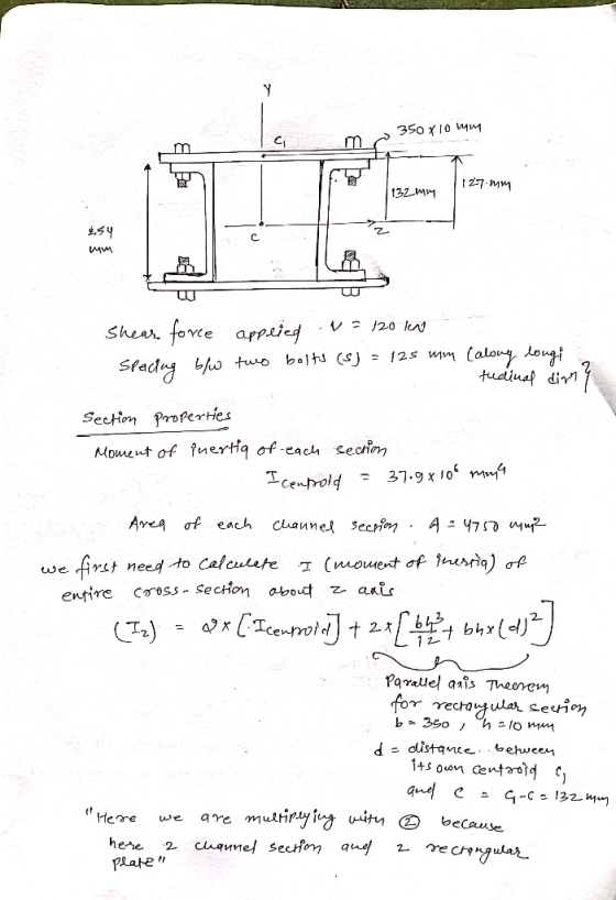 350 x10 Mm 132M fove appeied /20 l Shear Calony tougi tudiuap di 12s mm SPadng Lh tuo Section Proferties Moment of uertia of-